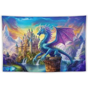 ANMOGID Tapestry Wall Hanging Aesthetic Decoration For Bedroom Living Room Wall Art Tapestries Dragon Castle Purple Blue 30"x40"