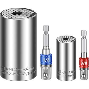 Universal Socket Set (7-19mm 11-32mm) Super Socket For Unscrew Any Bolt Tools with 3/8" 1/2" Power Drill Adapters Super Sockets Multi-function Socket Set Gifts for Dad, Husband and Men 4PCS