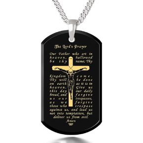 NanoStyle Lord's Prayer Crucifix Cross Necklace for Men Onyx Dog Tag Pendant 24k Gold Inscribed Scripture, 20" Chain