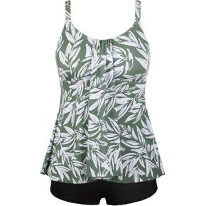 Septangle Women Plus Size Bathing Suits Leaf Print Flyaway Two Piece Swimsuit Tankini Swimwear
