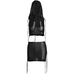 Women Trendy 3 Piece Outfits Crochet Knitted Balaclava See Through Halter Crop Top Hollow Out Mini Hot Shorts Sets