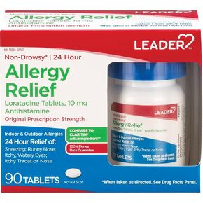 Leader 24 Hour Allergy Relief, Loratadine 10mg Tablets, Non-Drowsy, Antihistamine, Indoor and Outdoor, Counteract Allergy, 70 Tablets