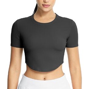 icyzone Women’s Workout Crop Tops, Ribbed Yoga Gym Running Short Sleeve T-Shirts Slim Fit