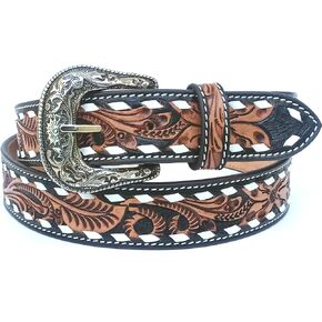 Western Genuine Leather Floral Belt with Removeable Buckle and White buckstitch belt 30WE005