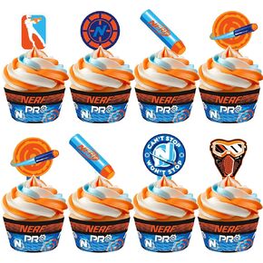 Treasures Gifted 24ct Officially Licensed Nerf Cupcake Topper & Wrappers - Nerf Cake Decorations - Nerf Birthday Party Supplies - Nerf Party Supplies - Nerf Birthday Decorations - Nerf Decorations
