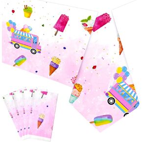 KEFAN 4 Pieces Ice Cream Birthday Party Tablecloth, Ice Cream Table Cover Tablecloth Summer Party Table Decoration for Baby Girls Shower Kids Birthday Party, 54" X 108"