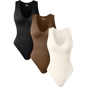 TOB Women 3 Piece Sexy Bodysuits Deep V Neck Sleeveless Tank Tops Shapewear Bodysuits