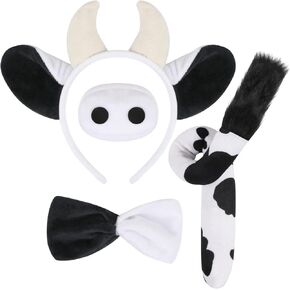 4 Pieces Cow Costume Set Cow Ears Headband Cow Nose Tail and Bow Tie Animal Fancy Dress Cow Costume Kit Party Accessories for Halloween,Birthday,Christmas,Cosplay Dress Up Party Decorations