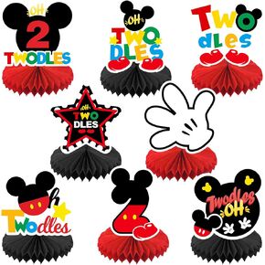Oh Twodles Cartoon Mouse Honeycomb Centerpieces 8 Pieces Black Red Mouse Theme Table Decor for Boys Girls Prince Princess Happy 2nd Birthday Party Favors Decorations Photo Props Supplies - BECKTEN