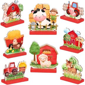Marsui 8 Pieces Farm Animals Birthday Party Supplies Farm Themed Baby Shower Decorations Wooden Table Centerpiece 3D Farm Animals Shapes Creatures Table Topper Farm Party Decorations