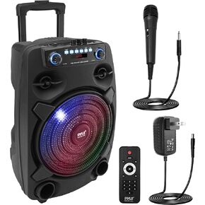 Pyle Portable Bluetooth PA Speaker System - 800W 12" Outdoor Bluetooth Speaker Portable PA System - Party Lights, USB SD Card Reader, FM Radio, Rolling Wheels - Wired microphone, Remote - PPHP127B