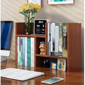 Desktop Bookshelf Storage Organizer Adjustable Wood Desktop Display Shelf Rack Counter Office Storage Rack Top Bookcase - Free Style Display Natural Stand Office Supplies Desk Organizer Dark Brown