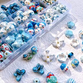 Decoendiy 50pcs Ceramic Flower & Animal Shaped Beads, Heart Star Shapes, Handmade Porcelain Painted, Loose Spacer Beads for Jewelry Making DIY Crafts