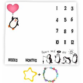 Penguin Baby Monthly Milestone Blanket, 48x40in Soft Flannel, Red Love Heart, Newborn Mom Gifts, Baby Shower Age Growth Tracker with Bonus Maker BTYYSS31