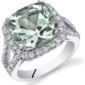 PEORA Green Amethyst Ring in Sterling Silver, Statement Halo Design, Cushion Cut, 4.75 Carats total, Comfort Fit, Sizes 5 to 9