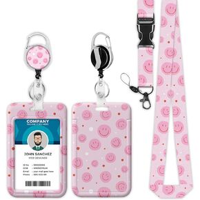 Smiley Face Lanyards for ID Badges, Cute Pink ID Badge Holder with Lanyard Retractable Badge Holder/Reel Lanyard Teacher, Kids