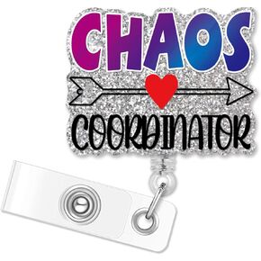 Chaos Coordinator Retractable Silver Glitter Badge Reel with Clip, Funny Appreciation ID Card Badge Holder Gift for Nurses Doctors Boss Teacher Coworker Social Worker, Thank You Gifts