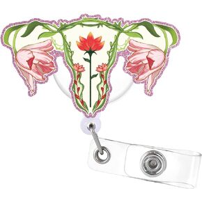 Badge Reel Retractable Floral Uterus Badge Holder Ovaries Acrylic Badge Accessory for Ovary OB Pediatric Gynecology Nursing Labor & Delivery Midwife Medical Worker