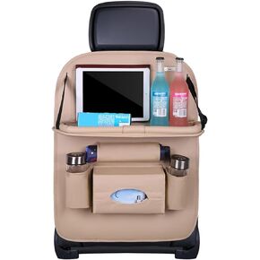 Car Backseat Organizer，Back Seat Organizer for Kids，PU Leather Car Back seat Organizer with Foldable Table Tray，Car Kick Mats Seat Back Protector Storage Pocket,car Organizer (Beige, 2 Pack)