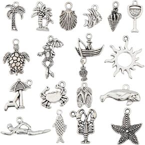 SUNNYCLUE 1 Box 72Pcs 18 Styles Summer Charms Turtle Charm Sea Shell Fish Tortoise Starfish Coconut Tree Crab Sun Ocean Animal Beach Charm for Jewelry Making Charms Bulk Alloy Craft Supplies Adult