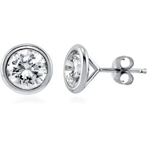BERRICLE Sterling Silver Solitaire Bezel Set Round Cubic Zirconia CZ Anniversary Stud Earrings for Unisex, Rhodium Plated