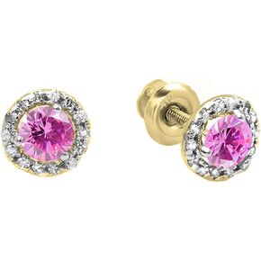 Dazzlingrock Collection 18K 3 MM Round Pink Sapphire & White Diamond Halo Stud Earrings, Yellow Gold