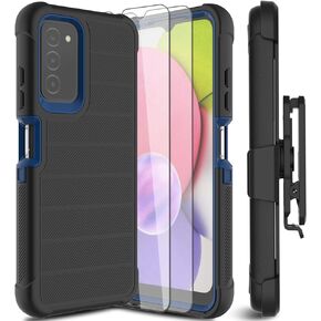 for Samsung Galaxy A03S Phone Case with Tempered Glass Screen Protector, [Holster Series] Belt Clip Hard Tough Full Heavy Duty Rugged Military Shockproof Armor Cell Phone Cover (Black)