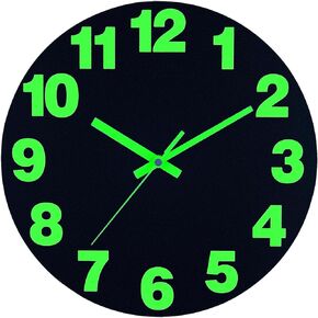 Plumeet Night Light Wall Clock, 12 Inch Wooden Glow in The Dark Clock for Bedroom - Silent Lighted up Wall Clock Luminous Numerals and Hands, Battery Operated for Living Room/Kitchen, Black