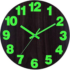 Plumeet Night Light Wall Clock, 12 Inch Wooden Glow in The Dark Clock for Bedroom - Silent Lighted up Wall Clock Luminous Numerals and Hands, Battery Operated for Living Room/Kitchen, Black in Kuwait