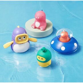 KUB Baby & Toddler Bath Toys, Four Little Dinosaurs: Water Squirter - Squeeze & Sound - Wind Up Diver - Floating Sprayer, Cute Fun Bathtub Toys for Boy Girl Ages 1-3 Years Old, 4 Pcs Set