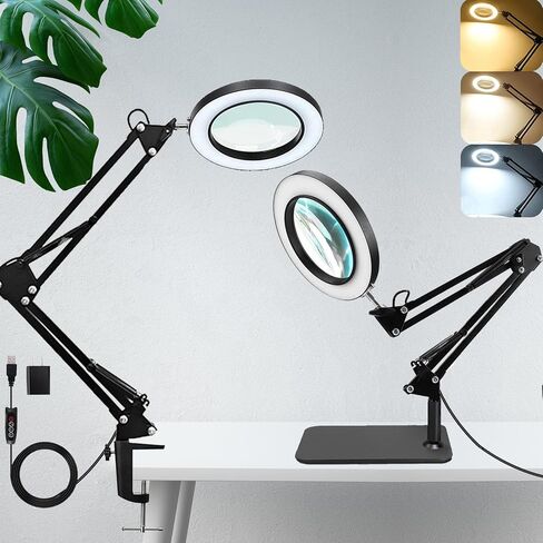 Magnifying Glass with Light and Stand, 10X Magnifying Lamp, 3 Color Modes Stepless Dimmable, 2-in-1 LED Lighted Desk Magnifier with Light for Reading, Crafts, Repair, Close Works in Saudi Arabia