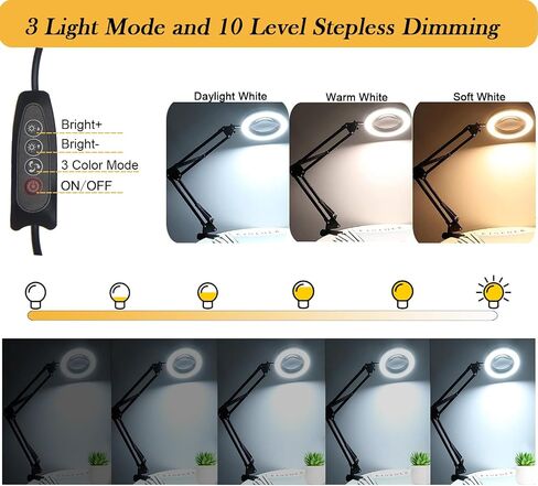 Magnifying Glass with Light and Stand, 10X Magnifying Lamp, 3 Color Modes Stepless Dimmable, 2-in-1 LED Lighted Desk Magnifier with Light for Reading, Crafts, Repair, Close Works in Saudi Arabia