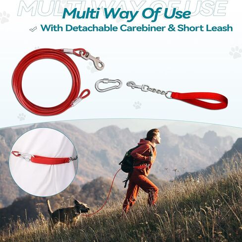 Tie Out Cable for Dogs Heavy Duty, Long Dog Leash 10ft with Carabiner & 13in Short Dog Leash with Padded Handle, Dog Chains for Outside Chew Proof, Dog Runner for Yard for Medium Large Dogs in Kuwait