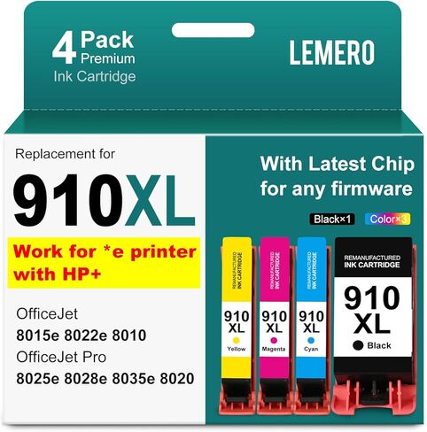 استبدال خرطوشة الحبر المعاد تصنيعها من LEMERO لحبر HP 910XL 910 لحبر Officejet Pro 8025e 8020 8028e 8035 خراطيش الحبر لحزمة خراطيش الحبر 910XL (4 عبوات BKCMY) in Kuwait