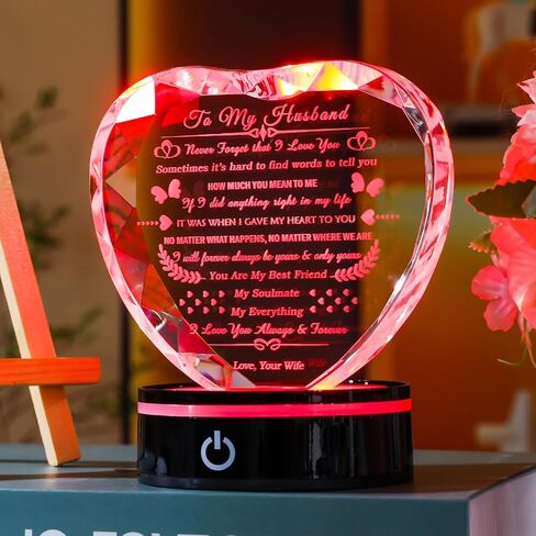 YWHL Gifts for Husband with Colorful LED Base I Love You Gifts for Him Best Anniversary Birthday Husband Gift Idea Romantic Crystal to My Husband Presents for Valentine's Day Christmas Fathers Day in Saudi Arabia