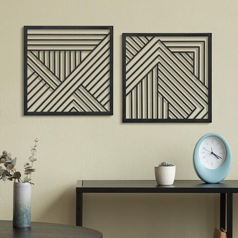 Putuo Decor Black Geometric Line Metal Wall Art Set of 2, Minimalist Square Hanging Decoration, Modern Hanging Wall Sculpture over bed, 11.8x11.8 Inches in Saudi Arabia