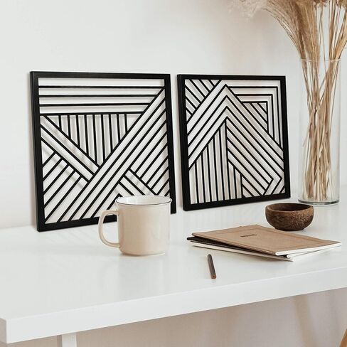 Putuo Decor Black Geometric Line Metal Wall Art Set of 2, Minimalist Square Hanging Decoration, Modern Hanging Wall Sculpture over bed, 11.8x11.8 Inches in Saudi Arabia