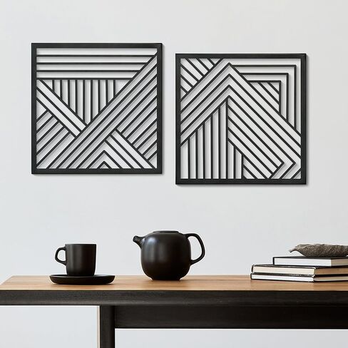 Putuo Decor Black Geometric Line Metal Wall Art Set of 2, Minimalist Square Hanging Decoration, Modern Hanging Wall Sculpture over bed, 11.8x11.8 Inches in Saudi Arabia