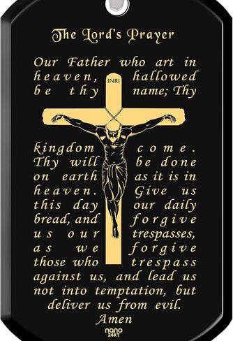 NanoStyle Lord's Prayer Crucifix Cross Necklace for Men Onyx Dog Tag Pendant 24k Gold Inscribed Scripture, 20" Chain in Saudi Arabia