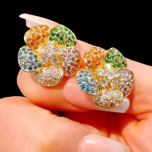 Kokoma Colorful Crystal Flower Stud Earrings for Women Girls Sterling Silver Post 14K Gold Plated Elegant Floral Statement Earrings Wedding Studs in Saudi Arabia