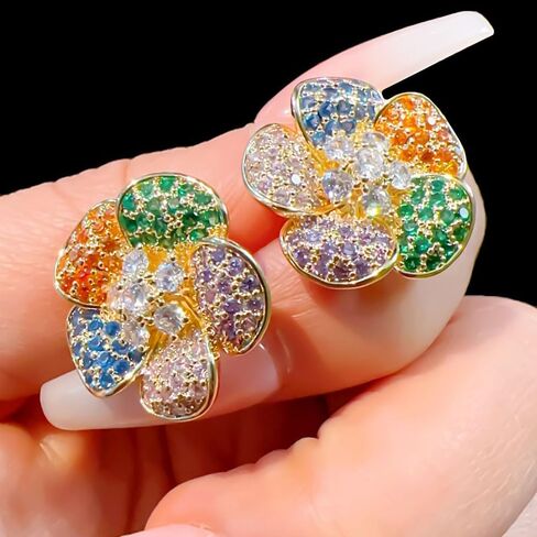 Kokoma Colorful Crystal Flower Stud Earrings for Women Girls Sterling Silver Post 14K Gold Plated Elegant Floral Statement Earrings Wedding Studs in Saudi Arabia