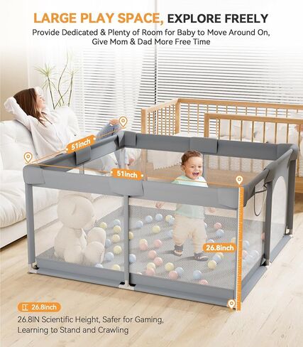 TOHIFER Baby Playpen: ساحة لعب كبيرة للأطفال الصغار، خالية من مادة BPA، غير سامة، آمنة ولا توجد فجوات في ساحة اللعب للأطفال، سياج للأطفال في الداخل والخارج، مقاس 51 بوصة × 51 بوصة × 26.8 بوصة in Kuwait
