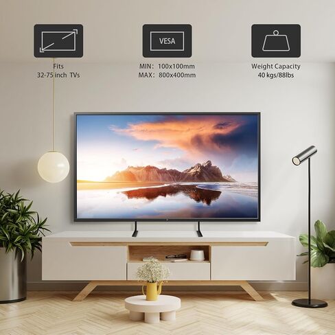 حامل تلفزيون، سطح طاولة حامل تلفزيون عالمي لشاشات تلفزيون بلازما LCD مسطحة مقاس 32 إلى 75 بوصة، وأرجل تلفزيون، يحمل ما يصل إلى 88 رطلًا، بحد أقصى 800 × 400 مم، قاعدة تلفزيون بديلة قابلة لضبط الارتفاع in Kuwait