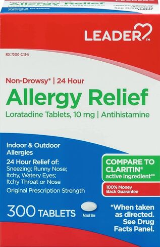 Leader 24 Hour Allergy Relief, Loratadine 10mg Tablets, Non-Drowsy, Antihistamine, Indoor and Outdoor, Counteract Allergy, 70 Tablets in Saudi Arabia