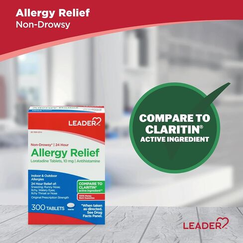Leader 24 Hour Allergy Relief, Loratadine 10mg Tablets, Non-Drowsy, Antihistamine, Indoor and Outdoor, Counteract Allergy, 70 Tablets in Saudi Arabia