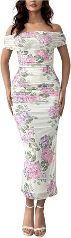 MakeMeChic Women's Floral Allover Print Mesh Midi Dress Off Shoulder Short Sleeve Ruched Bodycon Party Summer Long Dress in Saudi Arabia