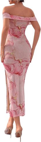 MakeMeChic Women's Floral Allover Print Mesh Midi Dress Off Shoulder Short Sleeve Ruched Bodycon Party Summer Long Dress in Saudi Arabia