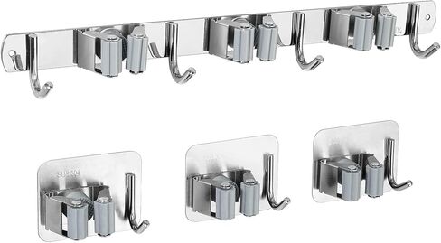 حامل ممسحة ومكنسة JiGiU، مجموعة منظم مكنسة 1+3 ممسحة 16 بوصة شماعة ممسحة تركيب (3 أوضاع 4 خطافات) و3 قطع خطافات ممسحة مثبتة على الحائط ذاتية اللصق من الفولاذ المقاوم للصدأ للحديقة، المرآب in Kuwait