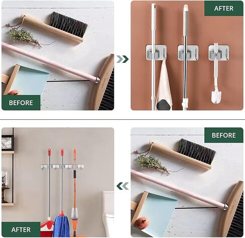 حامل ممسحة ومكنسة JiGiU، مجموعة منظم مكنسة 1+3 ممسحة 16 بوصة شماعة ممسحة تركيب (3 أوضاع 4 خطافات) و3 قطع خطافات ممسحة مثبتة على الحائط ذاتية اللصق من الفولاذ المقاوم للصدأ للحديقة، المرآب in Kuwait