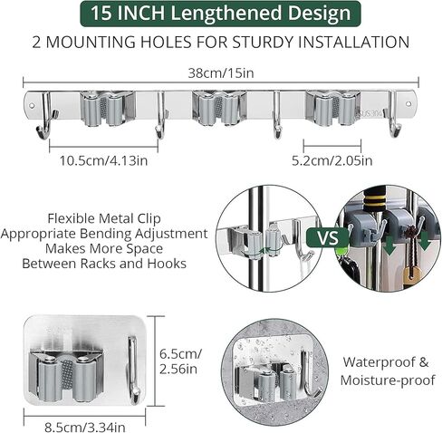 حامل ممسحة ومكنسة JiGiU، مجموعة منظم مكنسة 1+3 ممسحة 16 بوصة شماعة ممسحة تركيب (3 أوضاع 4 خطافات) و3 قطع خطافات ممسحة مثبتة على الحائط ذاتية اللصق من الفولاذ المقاوم للصدأ للحديقة، المرآب in Kuwait